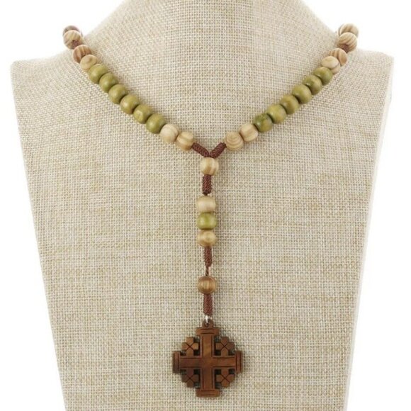 Hand Crafted Jewelry - Hand Crafted Olive Wood Rosary Jerusalem Holy Land Cross Necklace NWOT